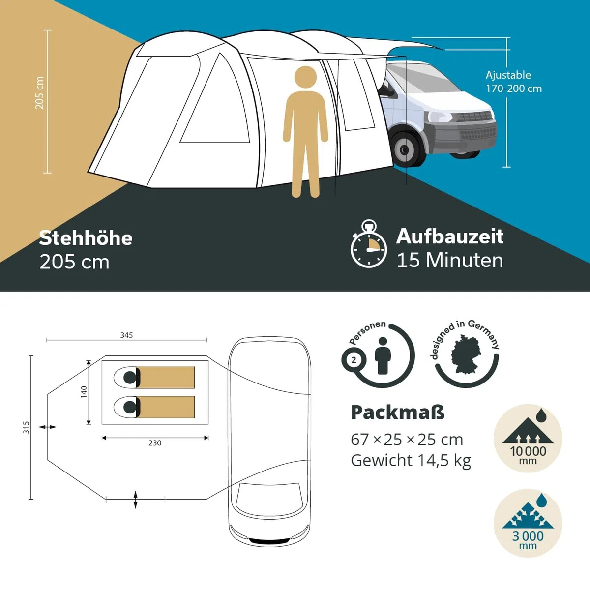Skandika Aarhus Travel 2 / Aarhus Air Protect Tenda da campeggio per bus | con/senza Air Protect, 2 persone, autoportante, 2 m altezza, zanzariera