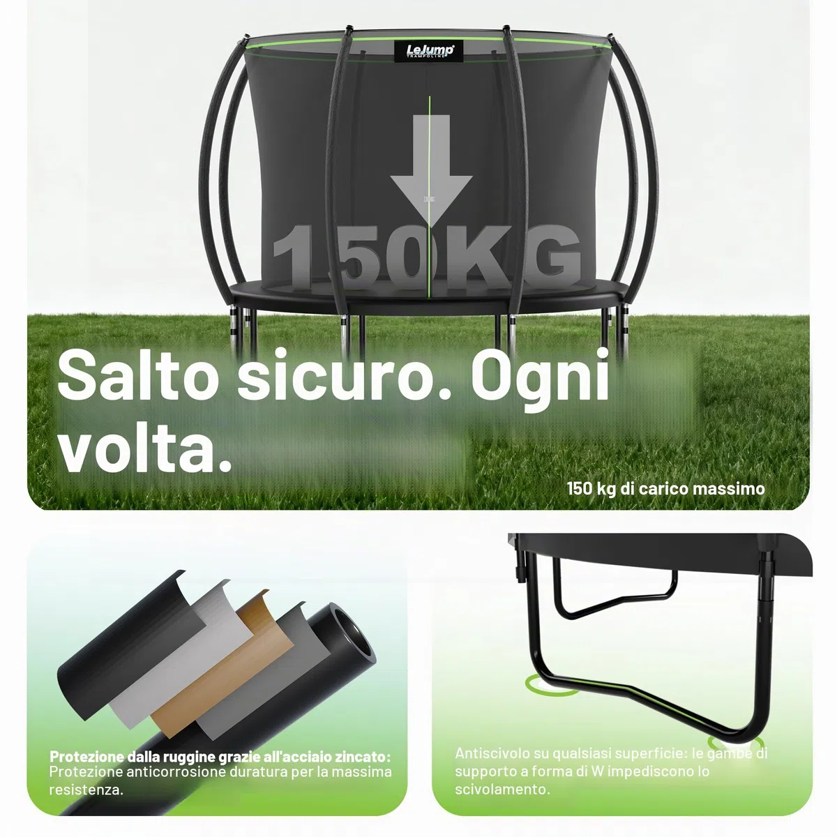 LeJump Trampolino Elastico 235/305/366 cm, Trampolino da Giardino per Bambini Con Rete di Sicurezza Alta e Scala, Trampolini Certificati GS, Capacità Massima 100/150 kg