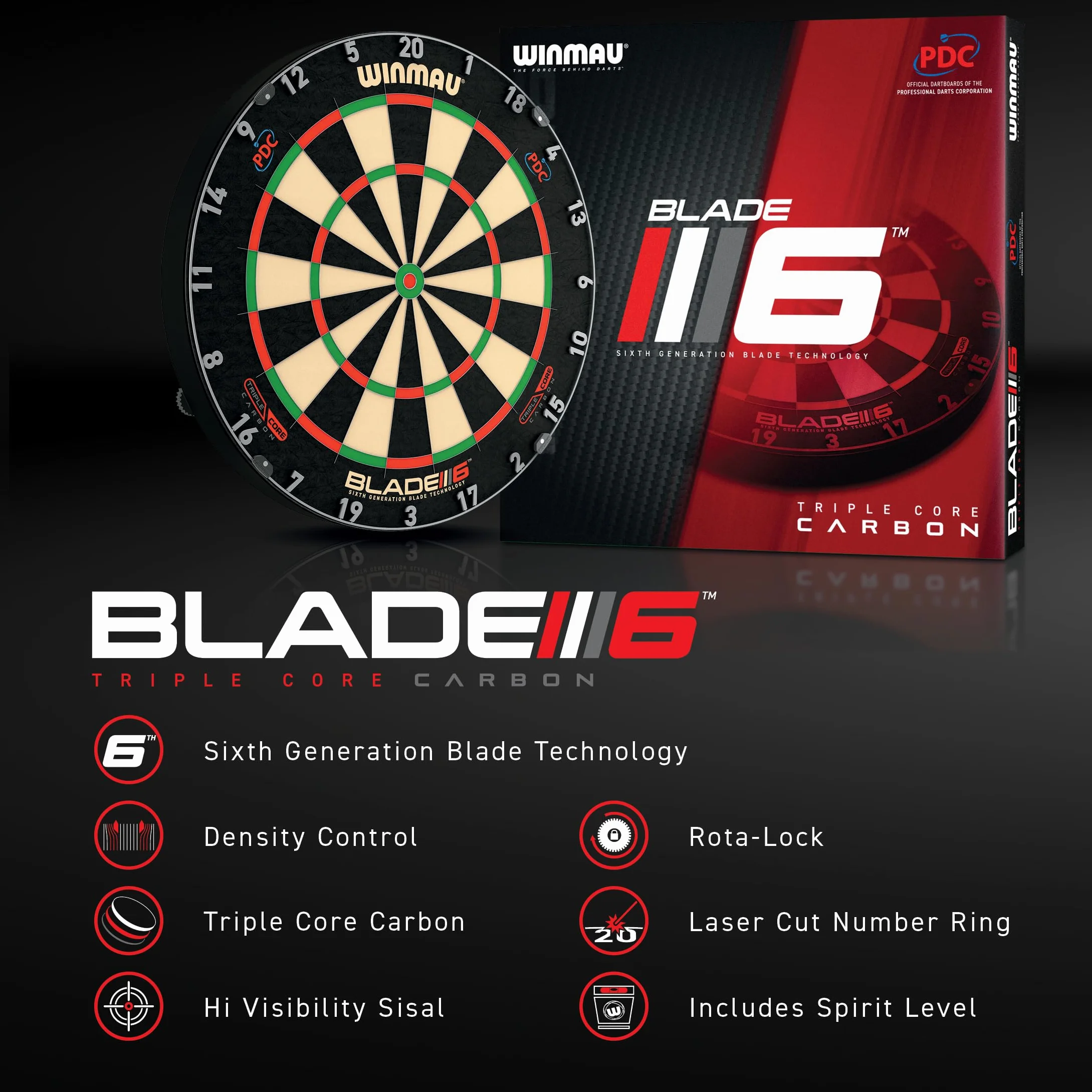 WINMAU Set di freccette Triple Core – Bersaglio professionale Winmau con bordo PDC, 2 set di freccette in acciaio, sistema Rota-Lock, bersaglio con sisal, ideale per tornei e allenamenti.
