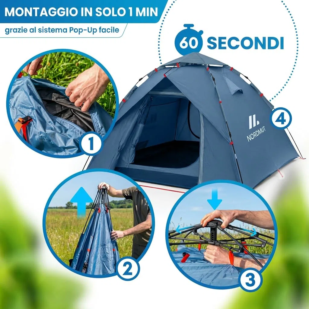 NORDMUT® Tenda Pop-Up 2-4 Persone – Montaggio Istantaneo, Impermeabile & Protezione UV – Tenda da Campeggio con Ottima Circolazione dell’Aria