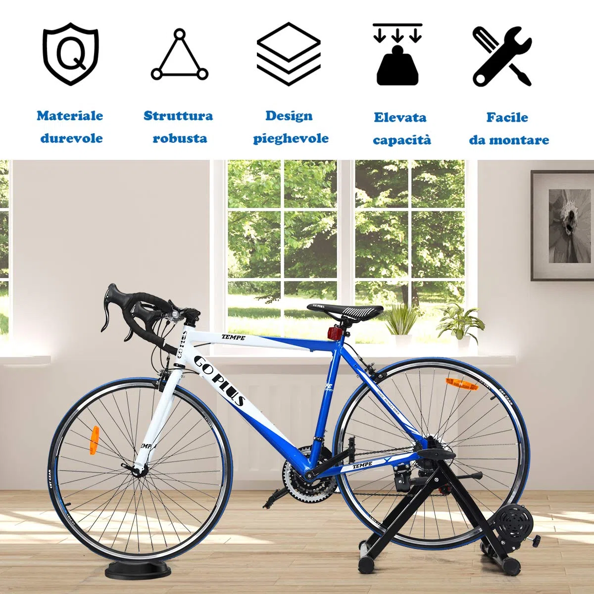 GOPLUS Rullo Allenamento da Ciclismo, per Ruote di 26-28 Pollici, Senza Filo, Pieghevole da Trasport e Stoccaggio, Fissato da Pomolo, Ideale per Interno, Acciaio, 54x50x39,5 cm, Nero