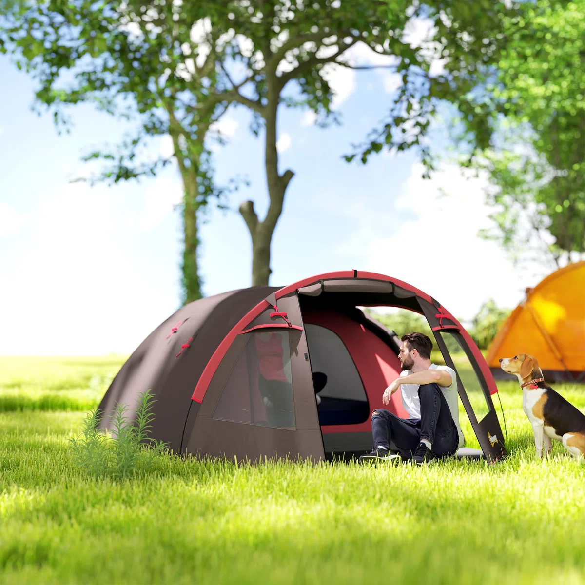 Outsunny Tenda Campeggio a Tunnel per 2-4 Persone con 2 Stanze, Tenda Famigliare da Trekking Pesca Impermeabile 3000mm con Fondo Rinforzato, Doppie Porte, Borsa di Trasporto, 360x250x130 cm, Grigio