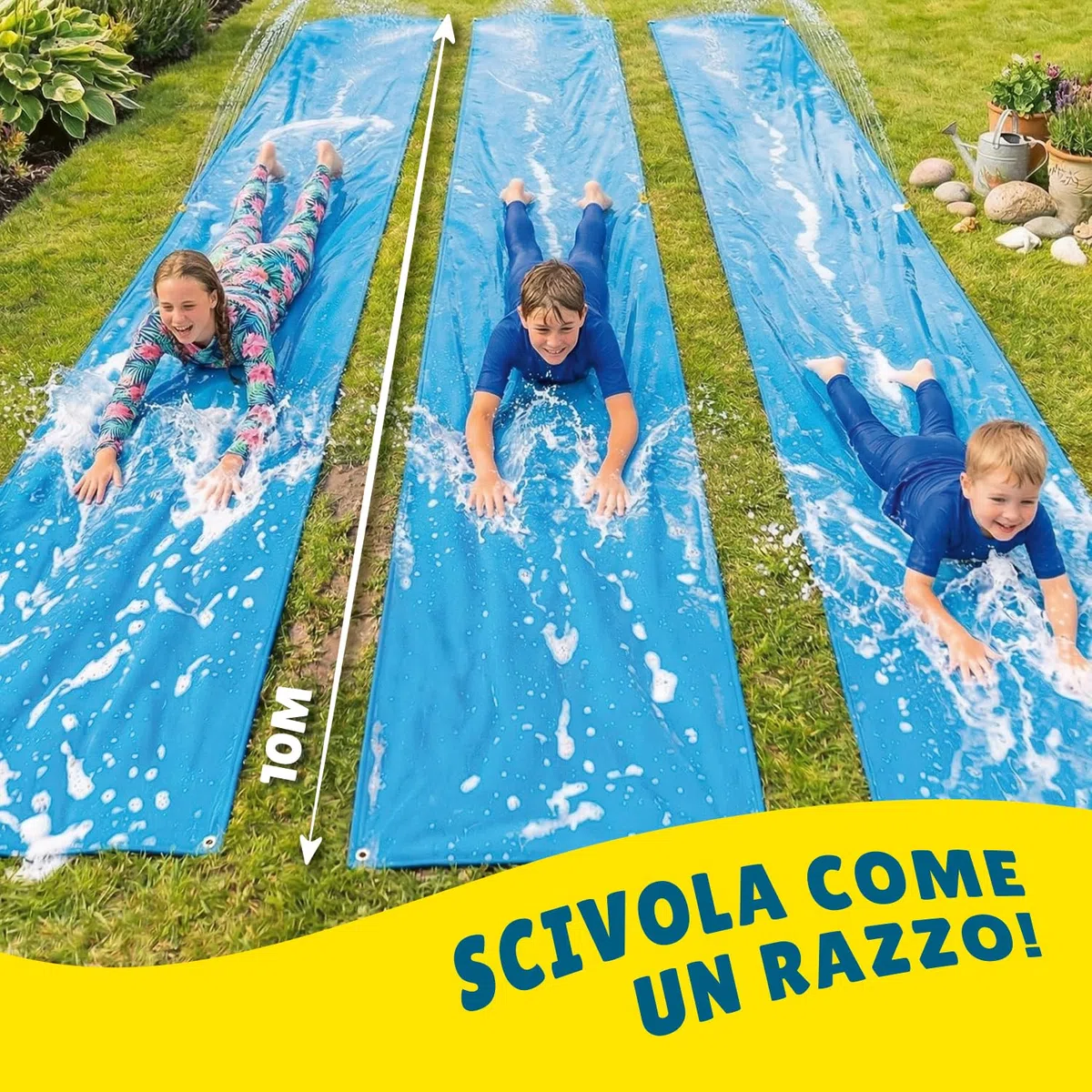 Maxi Giant Slip And Slide Ufficiale XXXXXL | 30 Metri di planata | Triple | Tappetino Scorrevole di qualità Premium | Slittino più Veloce | Scivolo d'Acqua più Forte | OriginalCup