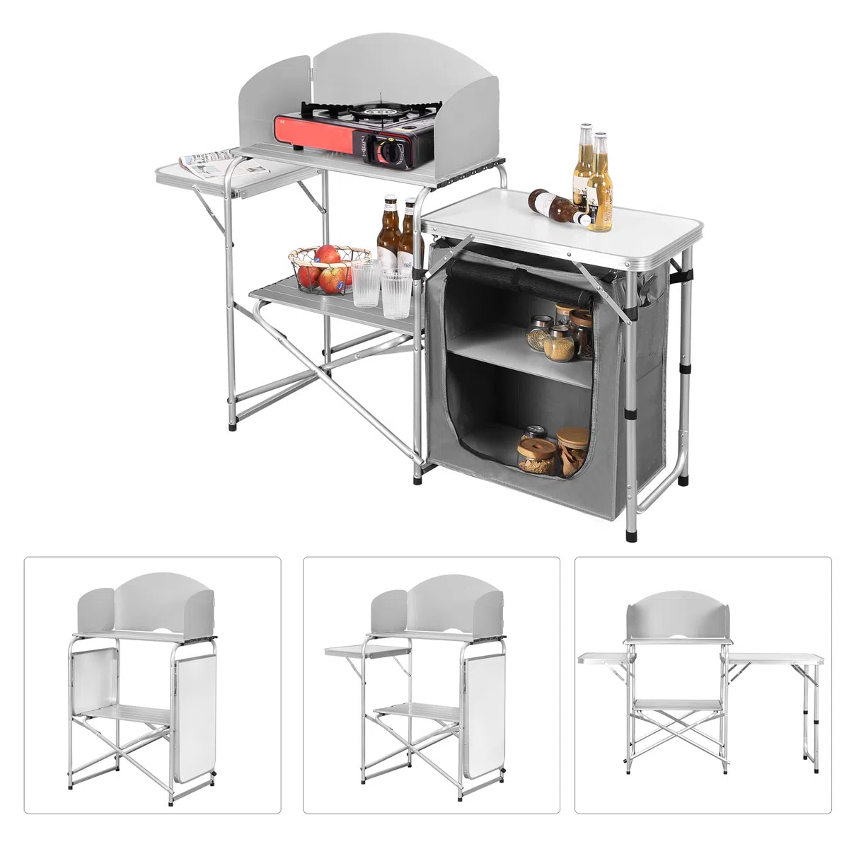 WOLTU Mobile Cucina da Campeggio Tavolo Pieghevole da Giardino Armadio da Campeggio Tavolo Campeggio Tavoli a Valigetta da Balcone da Cucina in Alluminio e MDF con Sacca di Trasporto