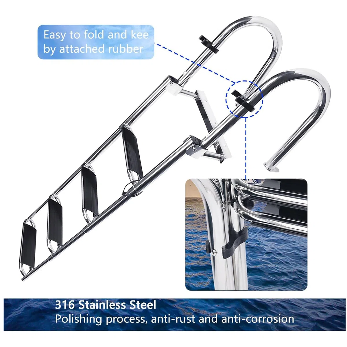 Scaletta per Barche 4 Gradini - Pontoon Pieghevole Piscina in Acciaio Inox Scala Telescopica Ingresso Posteriore Marino Ampia Galleggiante Corrimano Pedale capacità Carico 300Kg