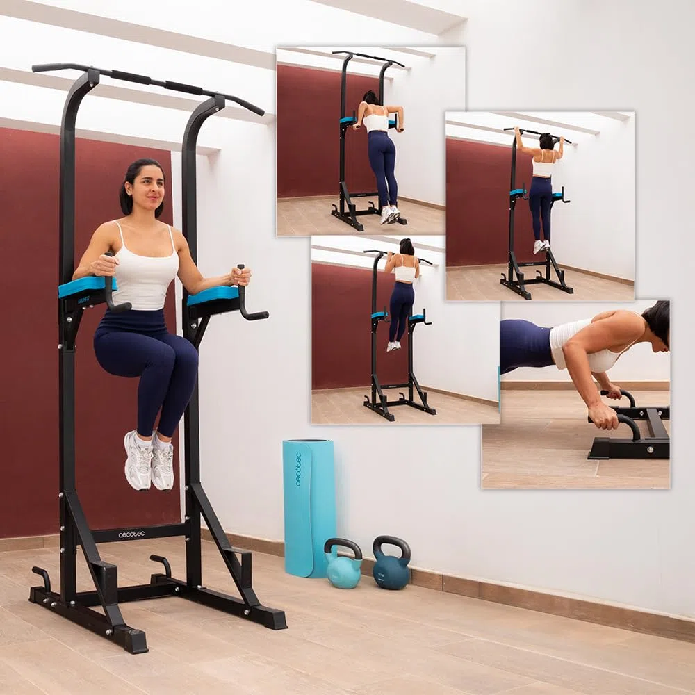 Cecotec Sbarra Trazioni per Dips Drumfit Pullups 4000. Torre Multistazione di Muscolazione, Rack di Dominate e Sfondi Imbottito con Impugnature Antiscivolo, Altezza Regolabile, Peso Massimo 150 Kg