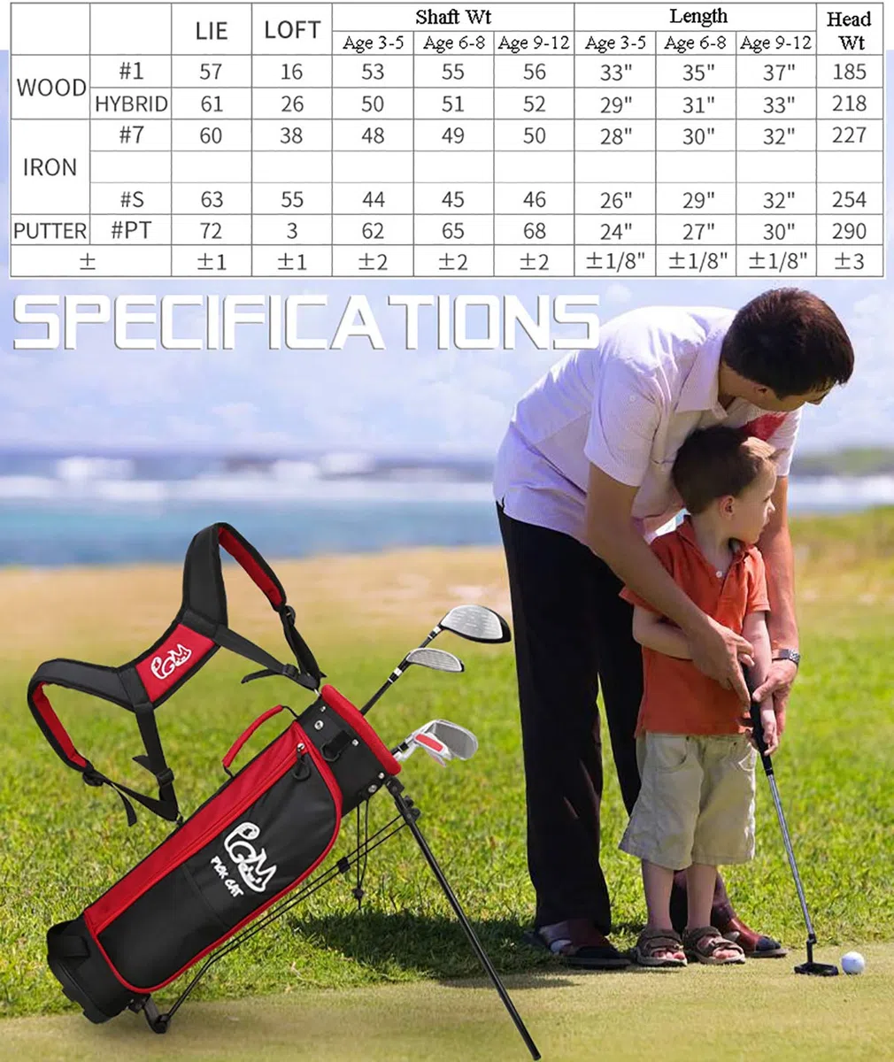 PGM Set completo di 5 mazze da golf per bambini, con borsa per supporto e 2 copricapo, per ragazzi e ragazze, mano destra