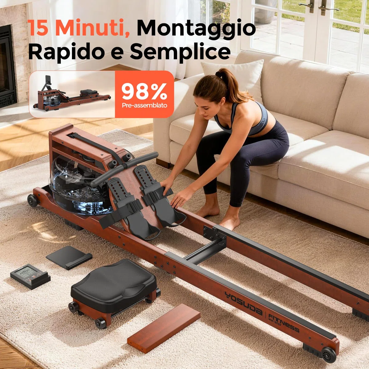 YOSUDA Vogatore pieghevole per casa, grande serbatoio 22L, APP/Bluetooth, design ultra silenzioso, supporto telefono regolabile, 190cm/182kg, pre-assemblato al 98%, vogatore professionale per casa