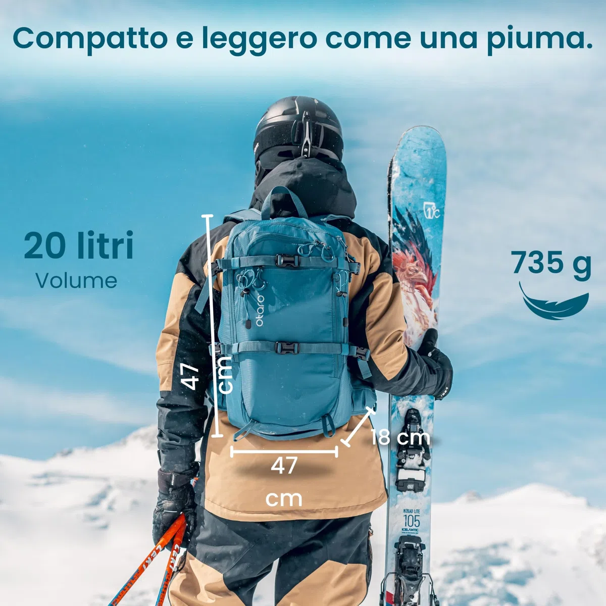 Otaro Zaino Sci (20L) - Ultra Leggero - Attrezzatura e Accessorio per Uomo e Donna - Per Sci, Ciclismo, Campeggio - Zaino da Bici
