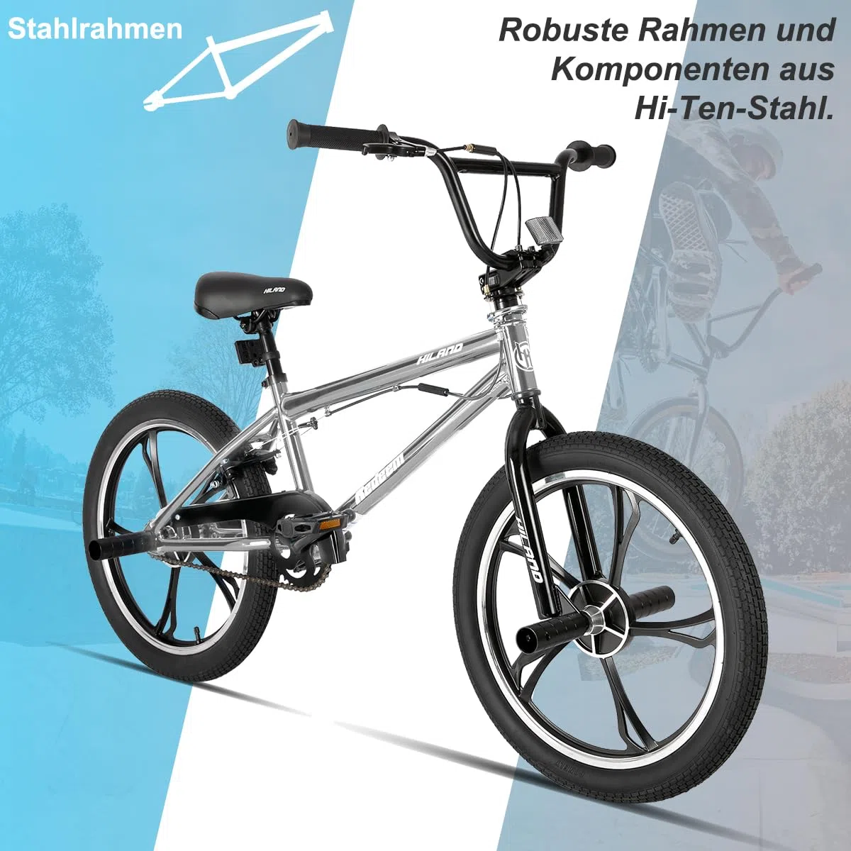 HILAND BMX Bicicletta per bambini da 20 pollici,5 razze, Per bambini e bambine di 7 anni e più，rotore a 361 gradi, freestyle,pedane single speed per bambini,Argento