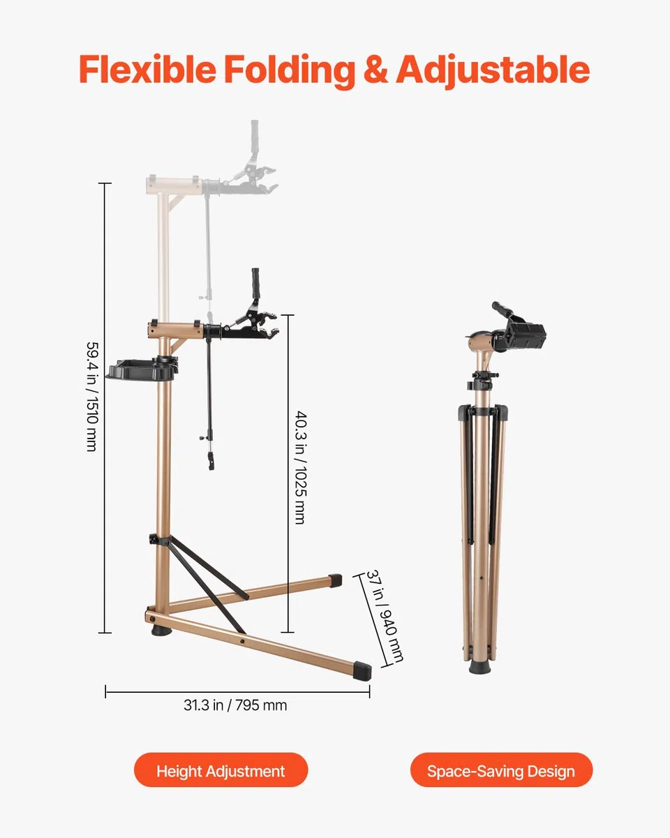 VEVOR Supporto per Riparazione Bici 940 x 795 x 1700 mm Supporto da Lavoro per Bici Resistente, Carico Nominale di 49,9 kg con Altezza Regolabile 1025 a 1510 mm e Ampio Vassoio Portautensili
