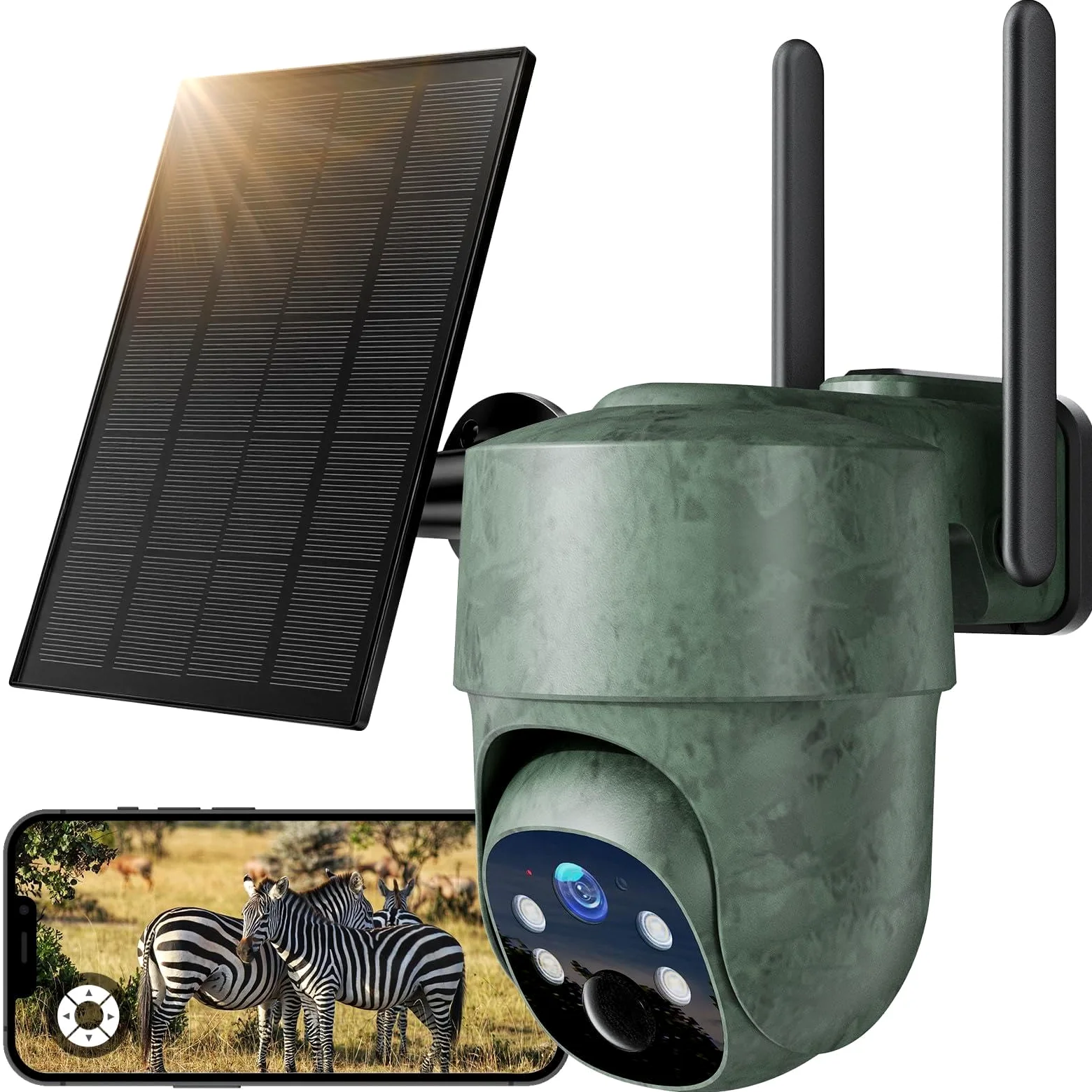 WOLFANG Fotocamera da Caccia 4G con SIM, 2.5K Telecamera Esterna con Pannello Solare e APP, 360° PTZ Fototrappola Infrarossi Invisibili, Visione Notturna a Colori, Rilevamento PIR, Impermeabile IP66