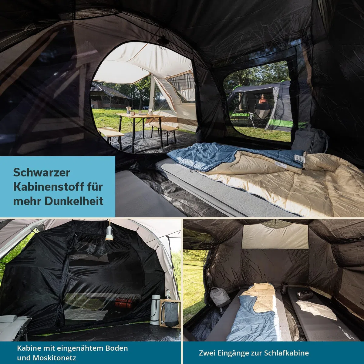 Skandika Kambo - Tenda de campeggio tunnel - Cabina letto per 6/8/12 persone - Impermeabile con 3000 colonne d'acqua - 2 m di altezza - 3 ingressi - tenda da sole