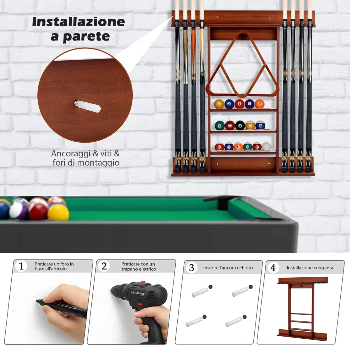 COSTWAY Porta Stecche da Biliardo in Legno Massello, Porta Biliardo a Parete Può Ospitare 8 Stecche 15 Palle da Biliardo e 1 Portapalle, Attrezzatura da Biliardo per Sala da Biliardo Club Bar(Marrone)