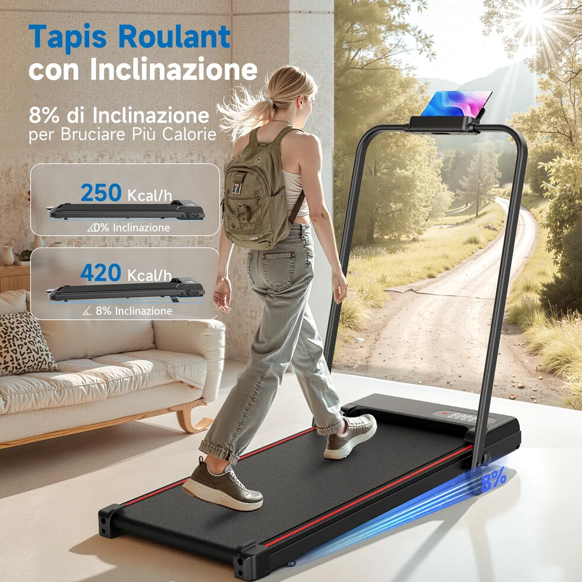 Dskeuzeew Tapis Roulant Con Inclinazione 7%, 3 IN 1 Tapis Roulant Pieghevole, Walking Pad