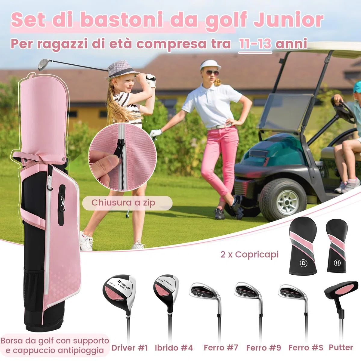 COSTWAY Set di Mazze da Golf per Bambini con Sacca, Fodera Impermeabile, Driver 1, Ibrido 5, Ferro 7, Ferro 9, Ferro S e Putter, Set Allenamento Golf per 11-13 Anni, Destrorso