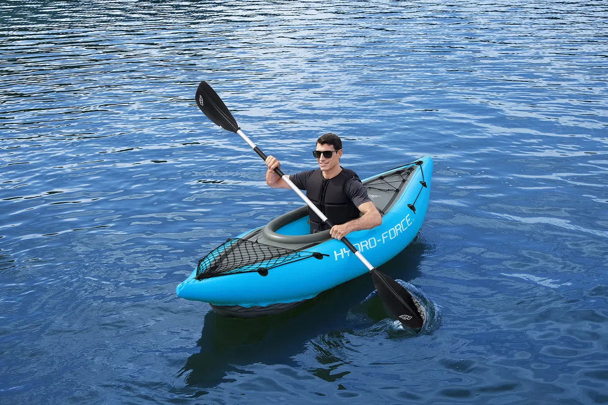 Hydro-Force Cove Champion, set kayak gonfiabile per 1 persona con pompa a mano, pagaie, borsa per il trasporto, blu