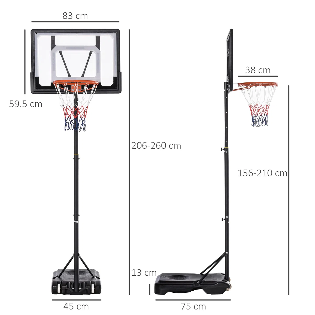 HOMCOM Canestro Basket Altezza Regolabile 160-210cm, Canestro Basket Esterno con Struttura in Acciaio e Base con Ruote, Tabellone in PE Trasparente