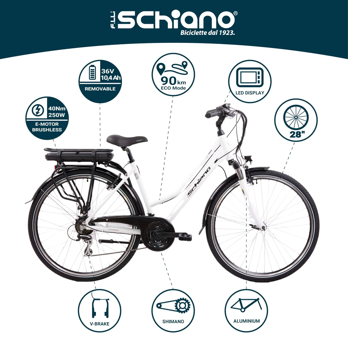 F.lli Schiano E-Ride, Bici Elettrica da Trekking 28 Inches per Adulti, 36V 10.4Ah Batteria Rimovibile, Motore 250W 40Nm, Trekking Ebike, Bianco