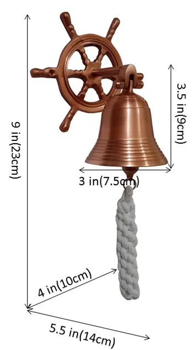 Purpledip Campana nautica in ottone con gancio ruota del capitano: nave pirata marina da parete, rame (11402B)