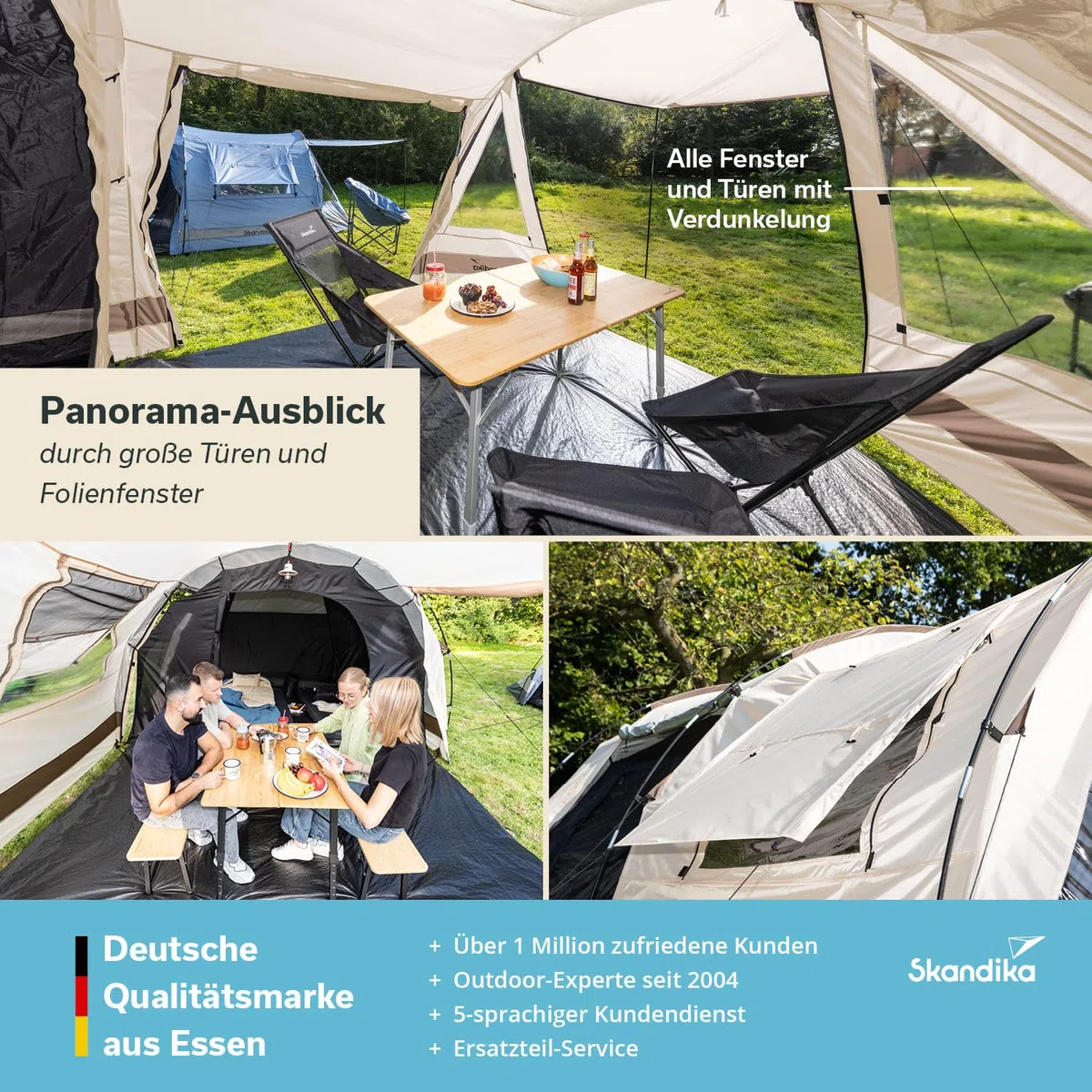 Skandika Kambo - Tenda de campeggio tunnel - Cabina letto per 6/8/12 persone - Impermeabile con 3000 colonne d'acqua - 2 m di altezza - 3 ingressi - tenda da sole