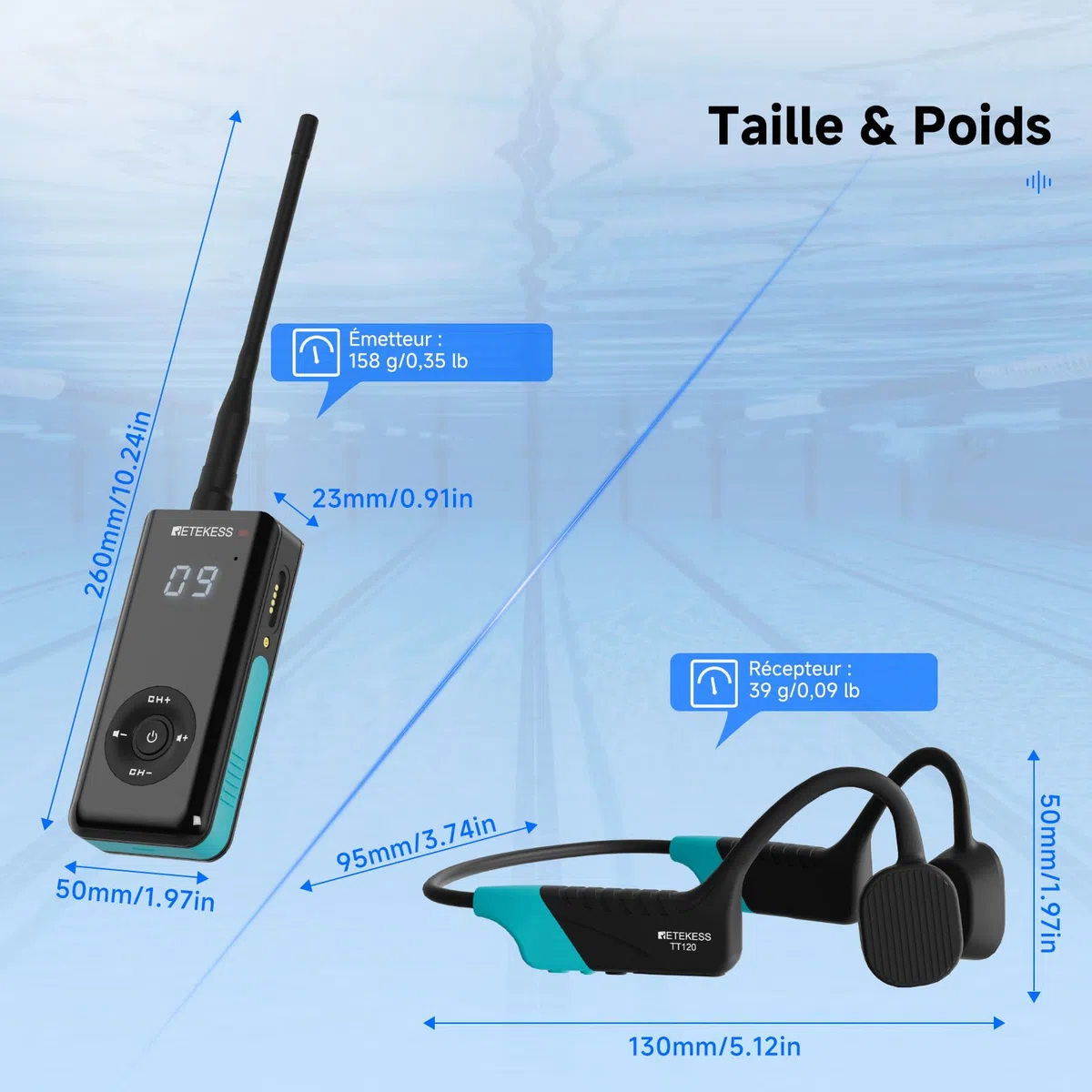Retekess TT120 Comunicatore Subacqueo, Cuffie da Nuoto a Conduzione Ossea, IP68 Impermeabile, 120 m, Sistema di Comunicazione Per Allenamento,Club di Nuoto, Coaching (1 Trasmettitore, 2 Ricevitori)