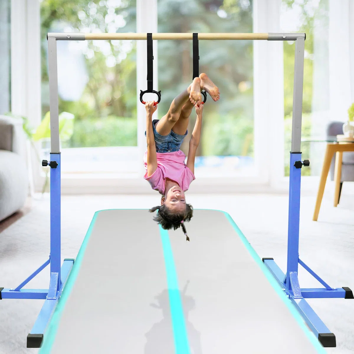 FBSPORT Barra da Ginnastica per Bambini con 13 Altezze Regolabili,Sbarra di Ginnastica per Bambini Barra Ginnastica Orizzontali Artistica Palestra Danza per Bambini e Bambine e Portatile Blu