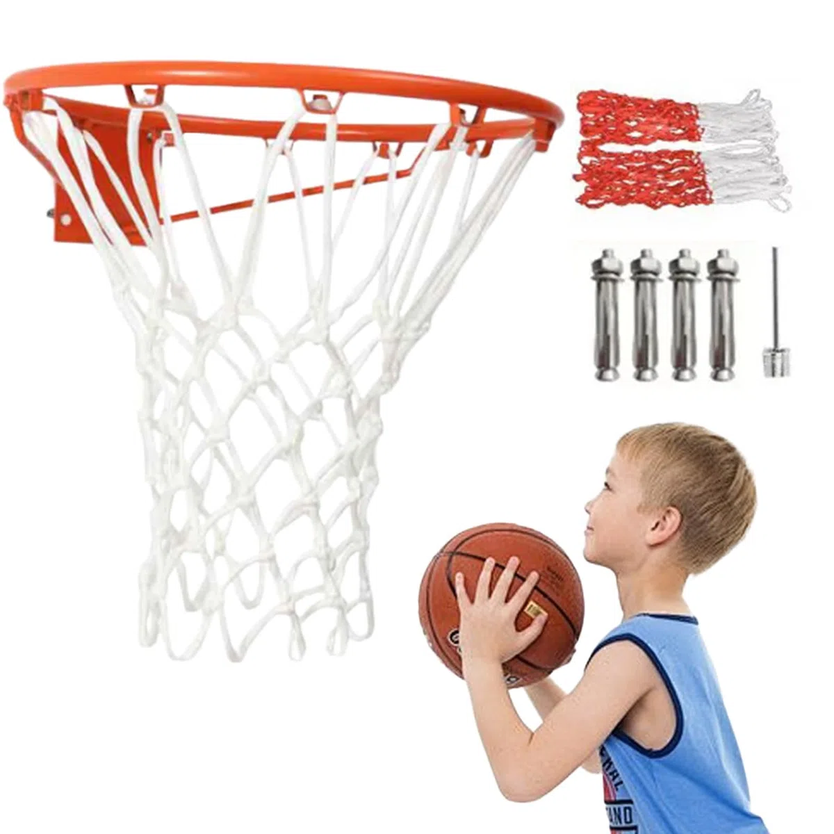 Canestro da basket da parete (35 cm), cerchio di ricambio per canestro da basket, con rete ispessita, per palloni da basket di dimensioni standard, include ago di gonfiaggio