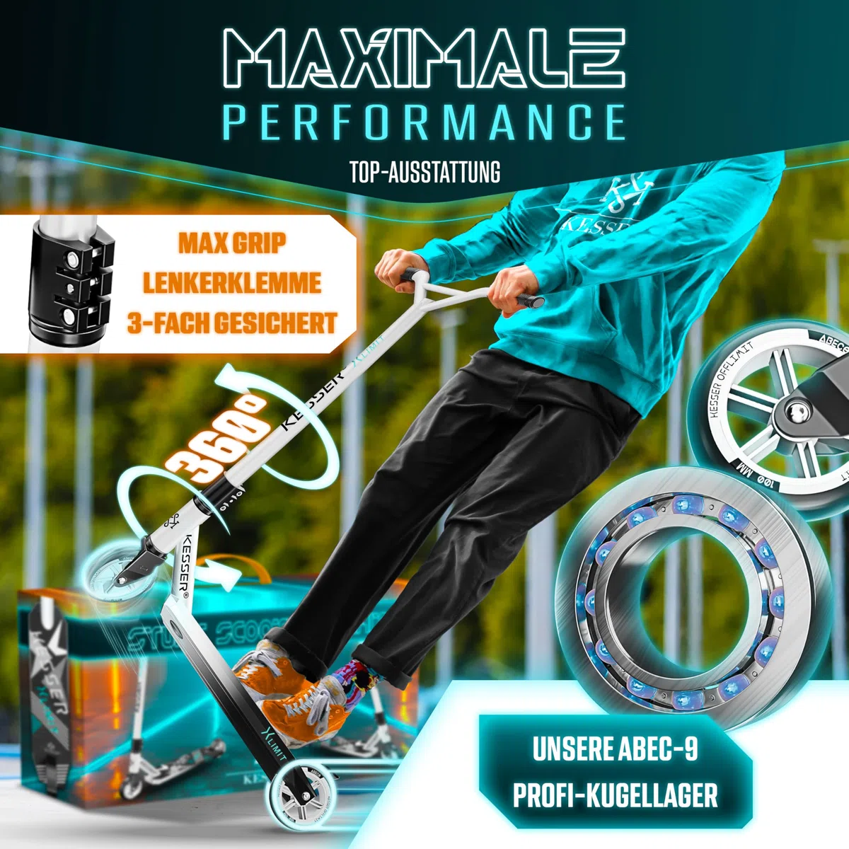 KESSER® Monopattino divertente Monopattino acrobatico X-Limit - Sterzo a 360° con ABEC 9 cuscinetti a sfera ruote in PU da 100 mm Monopattino robusto, Monopattino per bambini adulti