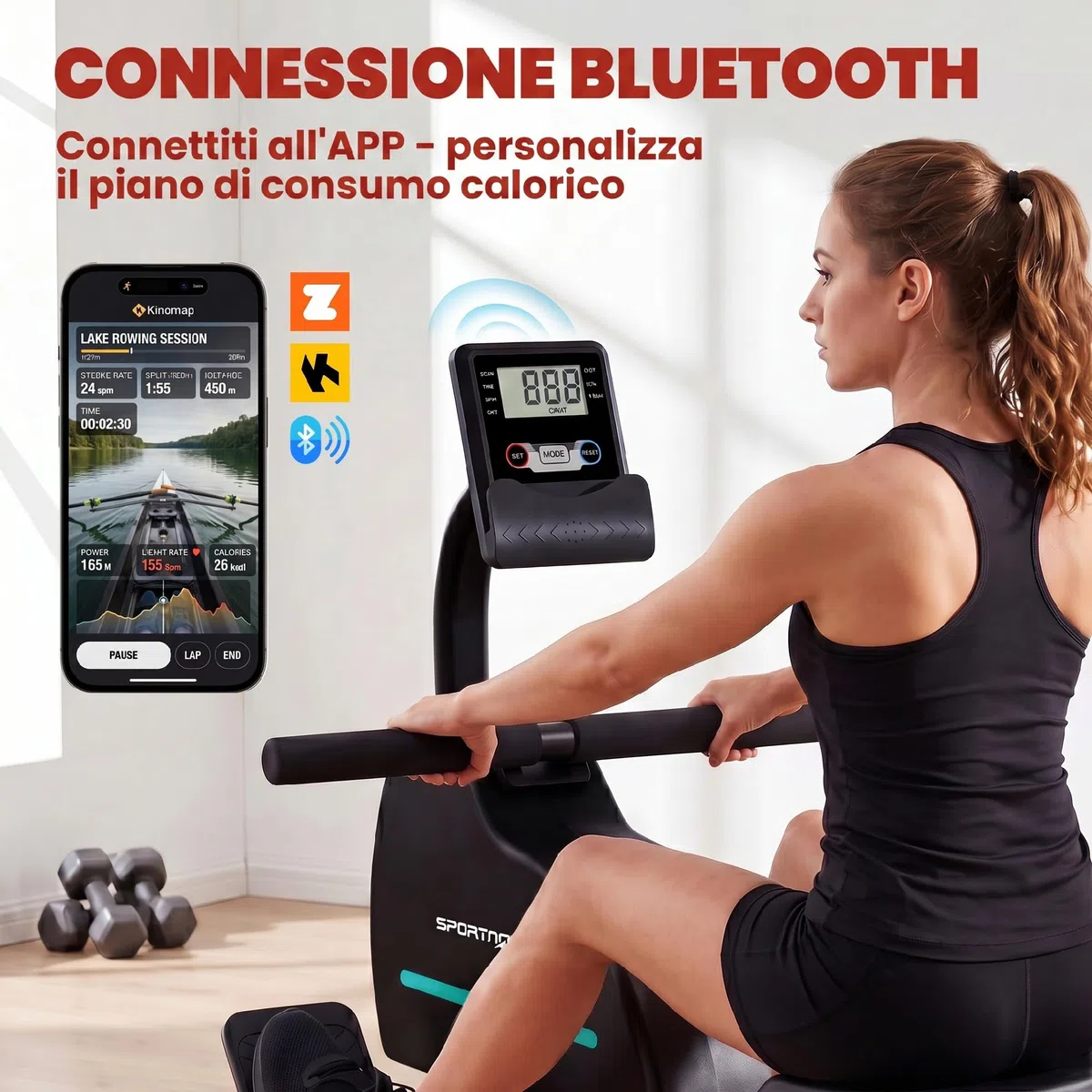 SPORTNOW Vogatore per Casa, Vogatore Magnetico Silenzioso, 16 Livelli Resistenza, APP Bluetooth, Display LCD, Portatelefono, Ruote, Stoccaggio Verticale Salvaspazio, Max 130kg, Fitness Casa Palestra