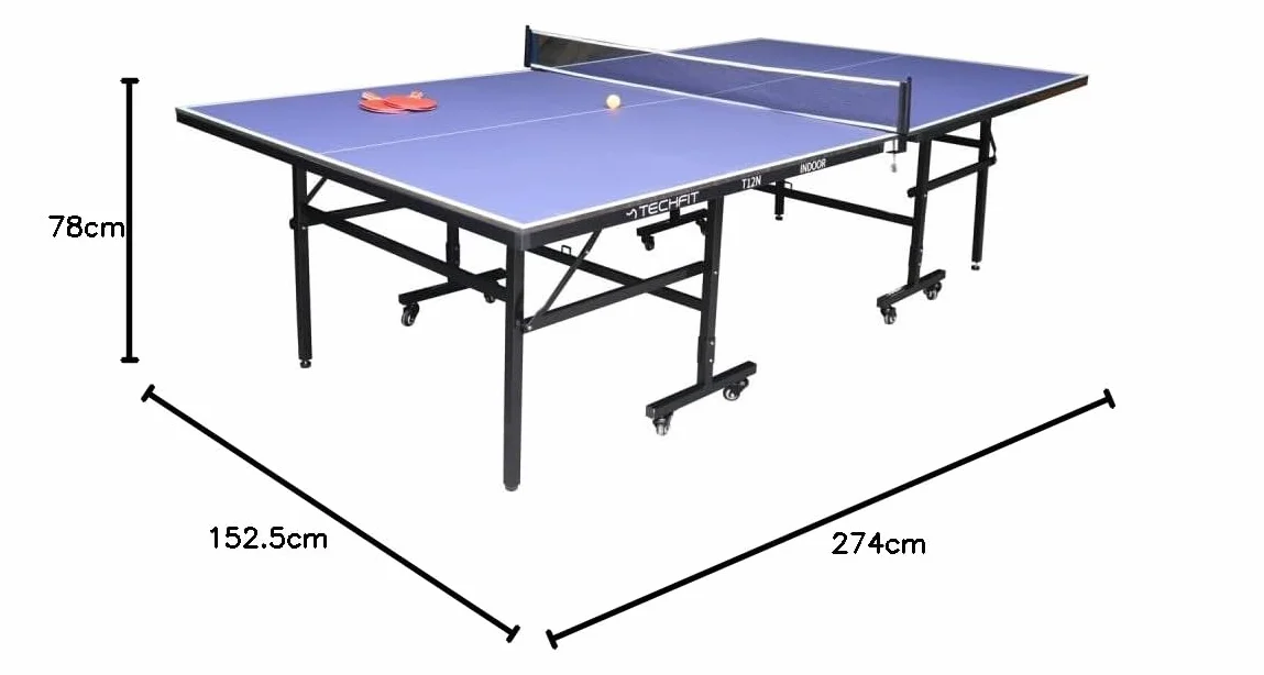 TechFit Tavolo da Ping Pong Professionale per Interni - Pieghevole da Interno con Inclinazione Unilaterale, Struttura Metallica Nera, Rete da 180 cm, Roti Silconate con Freni, 274x152,5x76 cm