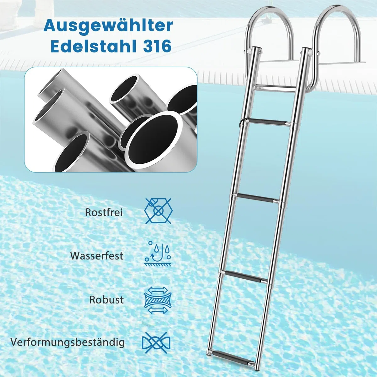 SOARS Scaletta da piscina pieghevole, 4 gradini, in acciaio inox, telescopica, con corrimano e gradini antiscivolo, scala in acciaio inox fino a 227 kg, portata posteriore