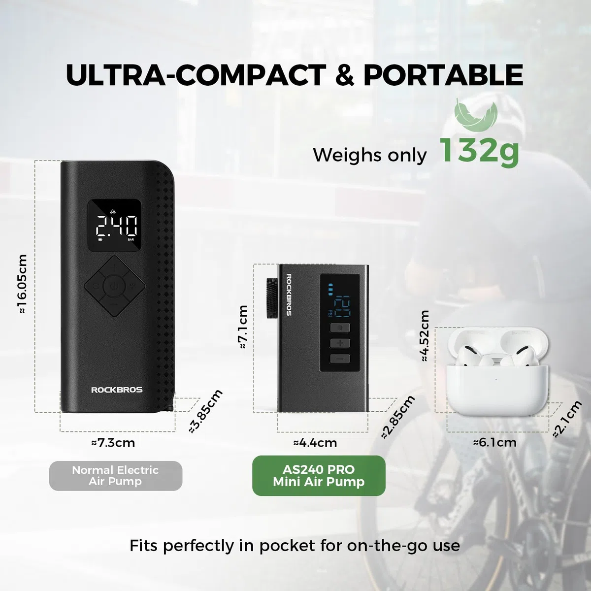 ROCKBROS Mini Pompa per Bicicletta Elettrica Portatile 120PSI, Pompa Bici con Valvole Presta e Schrader, USB Ricaricabile 420 mAh, Pompetta con Display Ideale per E-Bike, MTB, Bici da Corsa e Palloni