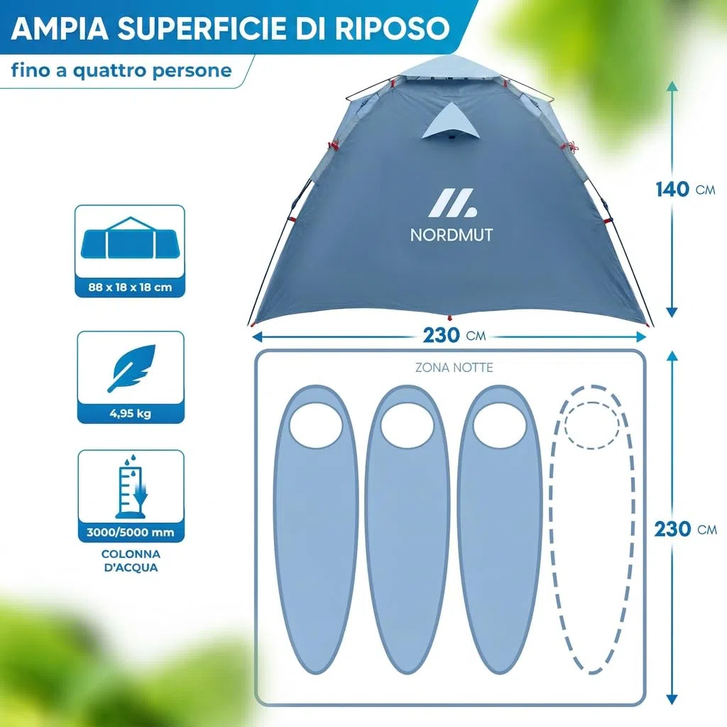 NORDMUT® Tenda Pop-Up 2-4 Persone – Montaggio Istantaneo, Impermeabile & Protezione UV – Tenda da Campeggio con Ottima Circolazione dell’Aria