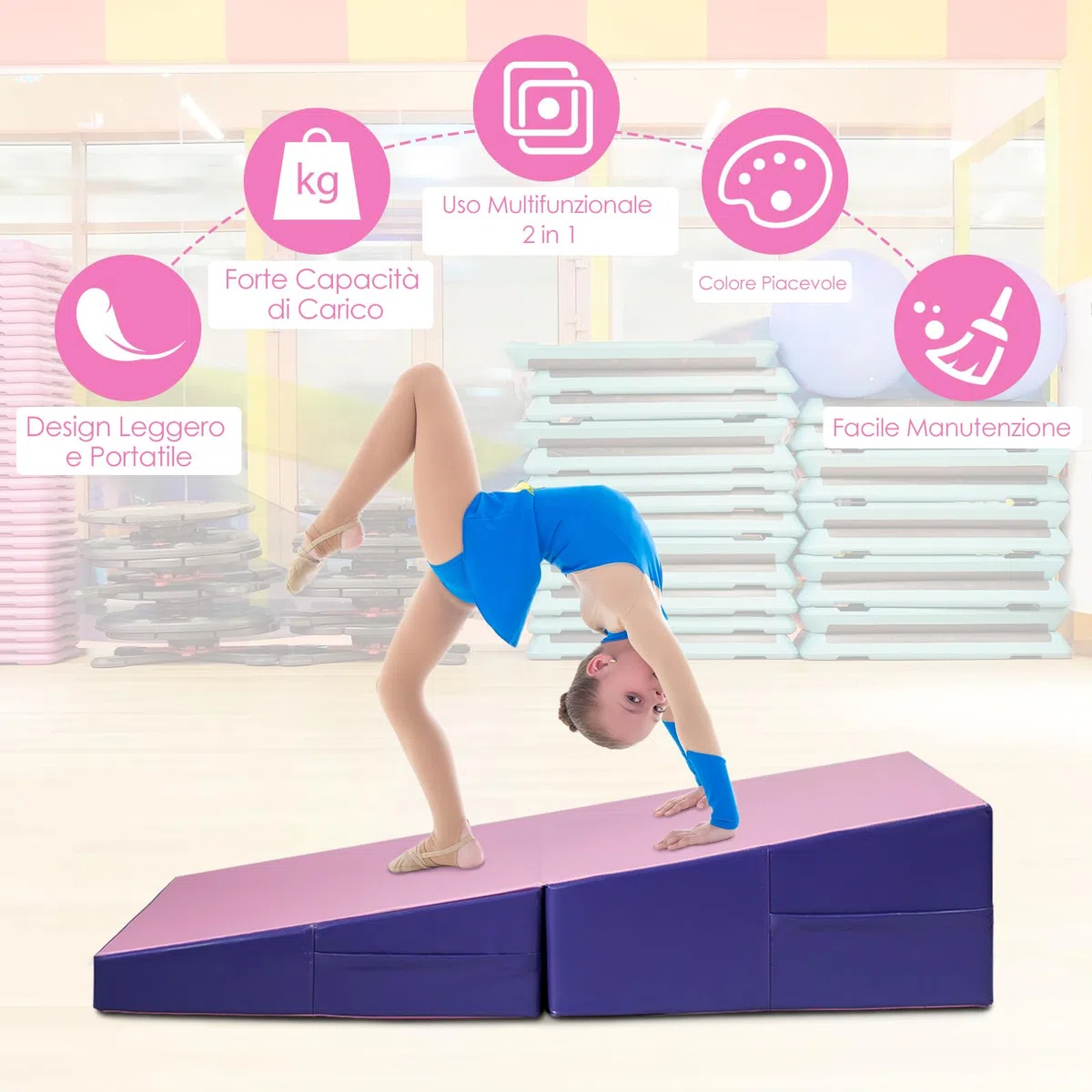 COSTWAY Materassino Ginnastica Inclinato, Tappetino Inclinato a Forma di Cuneo con Maniglia, Tappetino Ginnastica Pieghevole per Allenamenti a Casa Aerobica Fitness Palestra