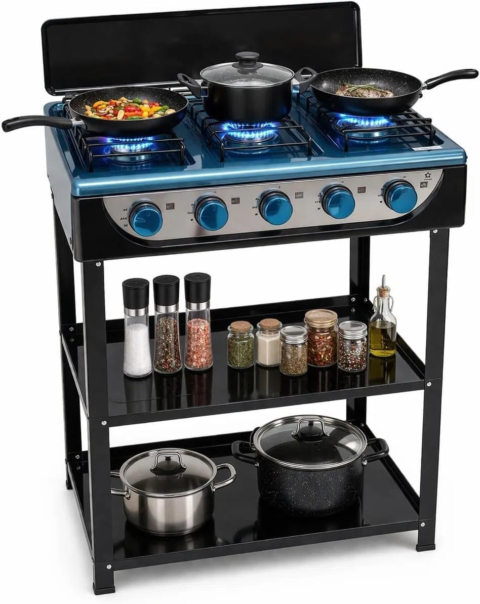 Piano cottura a Gas GPL 5 Fuochi da Esterno Cucinotto Portatile in Acciaio con 5 Bruciatori Potenti Piano Cottura con Paravento e Piedini per Attività all'Aperto Campeggio