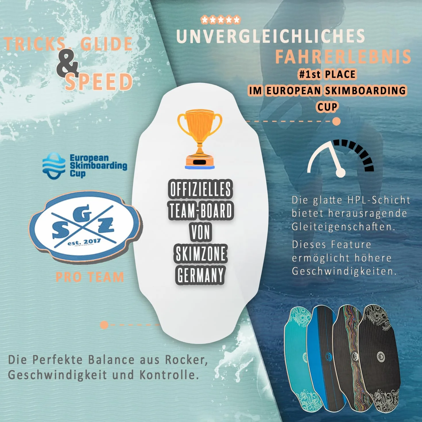 JUCKER Hawaii Skimboard HPL, scorrevolezza professionale, superficie antiscivolo