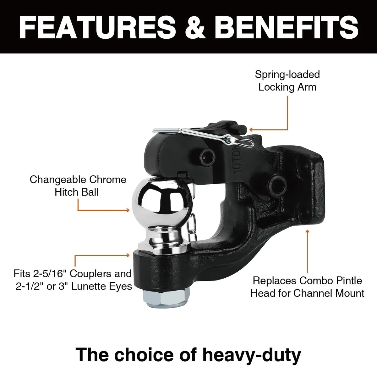 HEYOUTH Gancio di traino Ø 50mm Testa a sfera, fino a 8000kg/8T Giunto combinato Testa di accoppiamento in nero, Gancio di traino a sfera, per Transporter, Pick-Up, Auto Quad, Trattore e molto altro