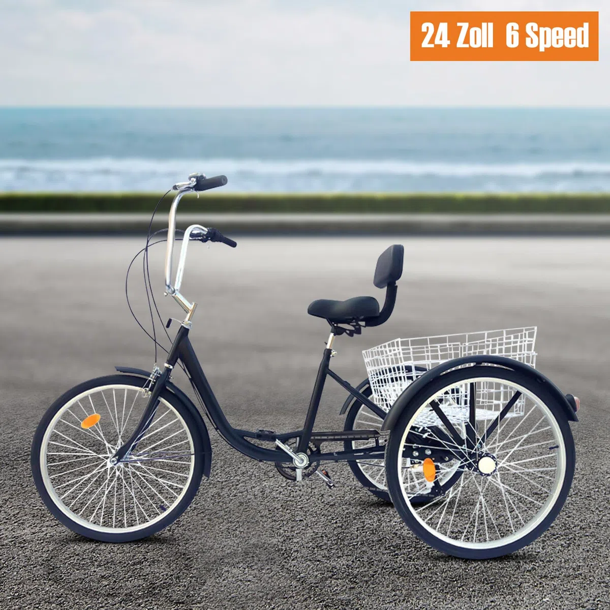 24 Pollici Triciclo per Adulti Bicicletta 3 Ruote Adulto Regolabile in Altezza con Parafango e Maniglia Antiscivolo 6 Velocità Triciclo con Cestino, per Uomo, Donna, Senior