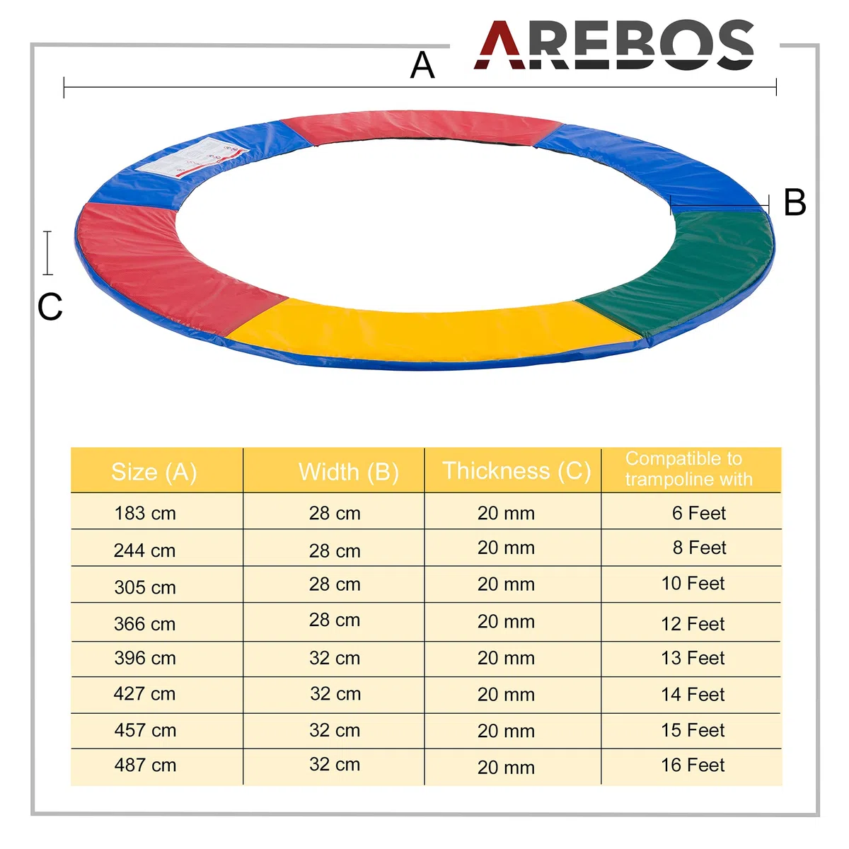 Arebos Copertura per il bordo del trampolino, 183, 244, 305, 366, 396, 427, 457 o 487 cm, multicolore