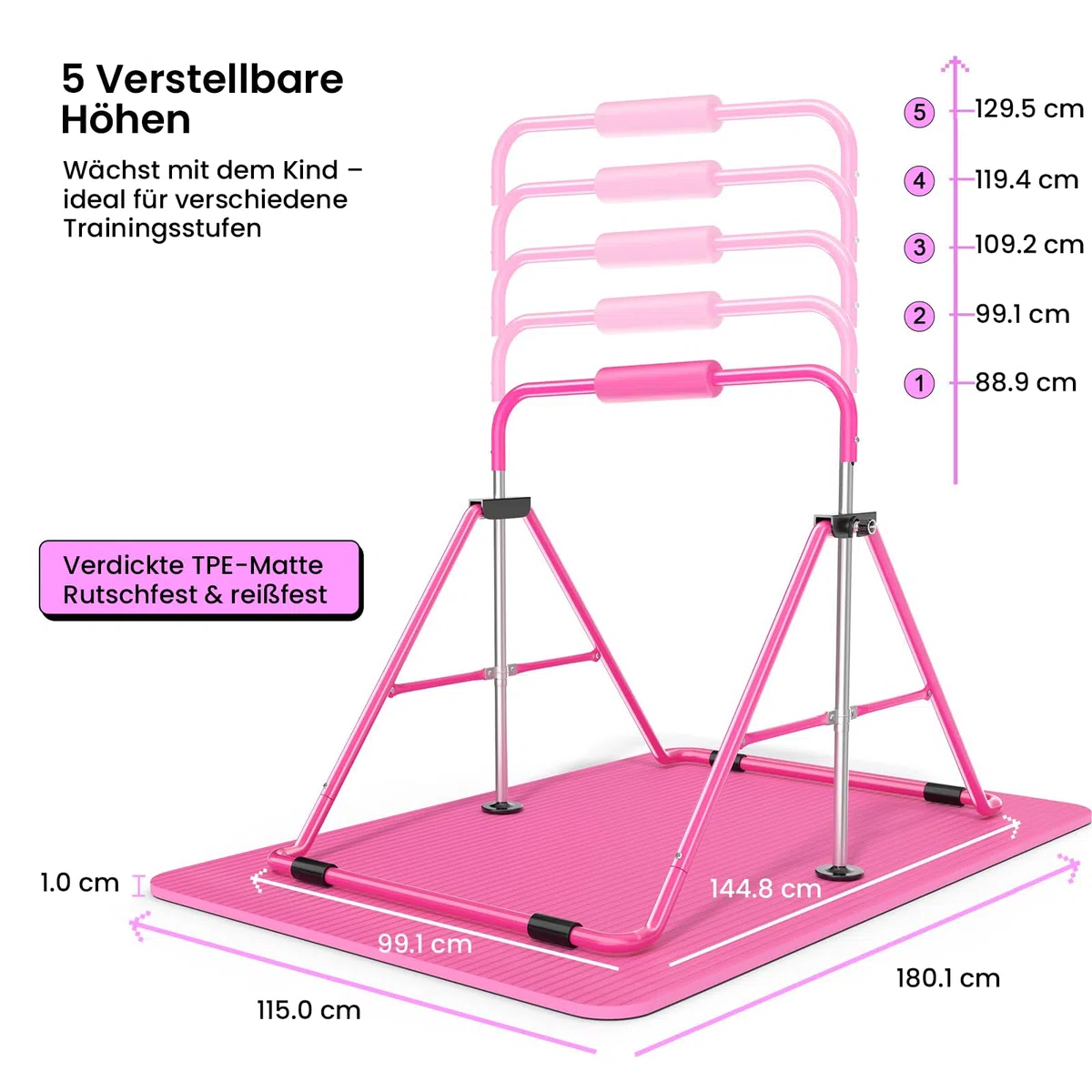 Safly Fun Expandable, asta da ginnastica per bambini, asta da ginnastica, asta orizzontale pieghevole, rosa con tappetino