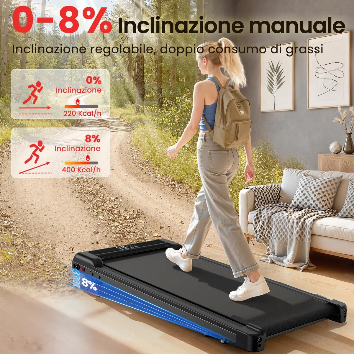 Tapis Roulant Elettrico Pieghevole Salvaspazio, Velocità Regolabile 1-8Km/H, Walking Pad 2.5HP, Nessuna installazione richiesta, Salvaspazio, Telecomando