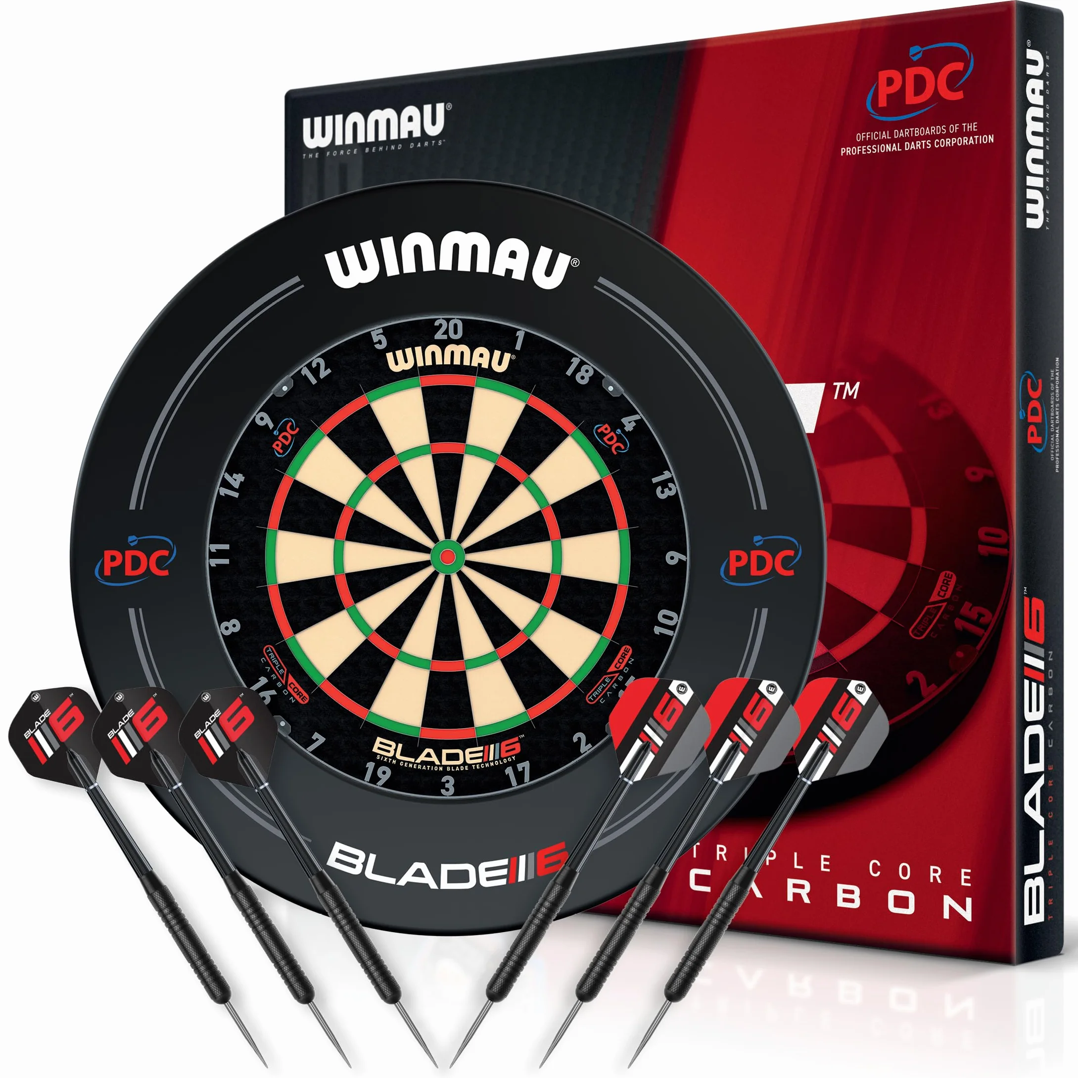 WINMAU Set di freccette Triple Core – Bersaglio professionale Winmau con bordo PDC, 2 set di freccette in acciaio, sistema Rota-Lock, bersaglio con sisal, ideale per tornei e allenamenti.