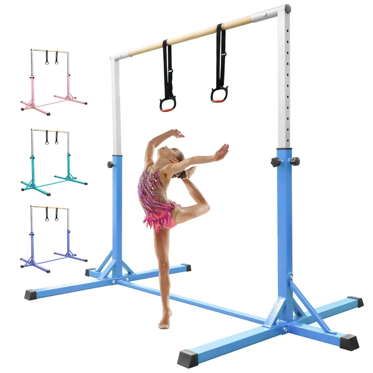 FBSPORT Barra da Ginnastica per Bambini con 13 Altezze Regolabili,Sbarra di Ginnastica per Bambini Barra Ginnastica Orizzontali Artistica Palestra Danza per Bambini e Bambine e Portatile Blu