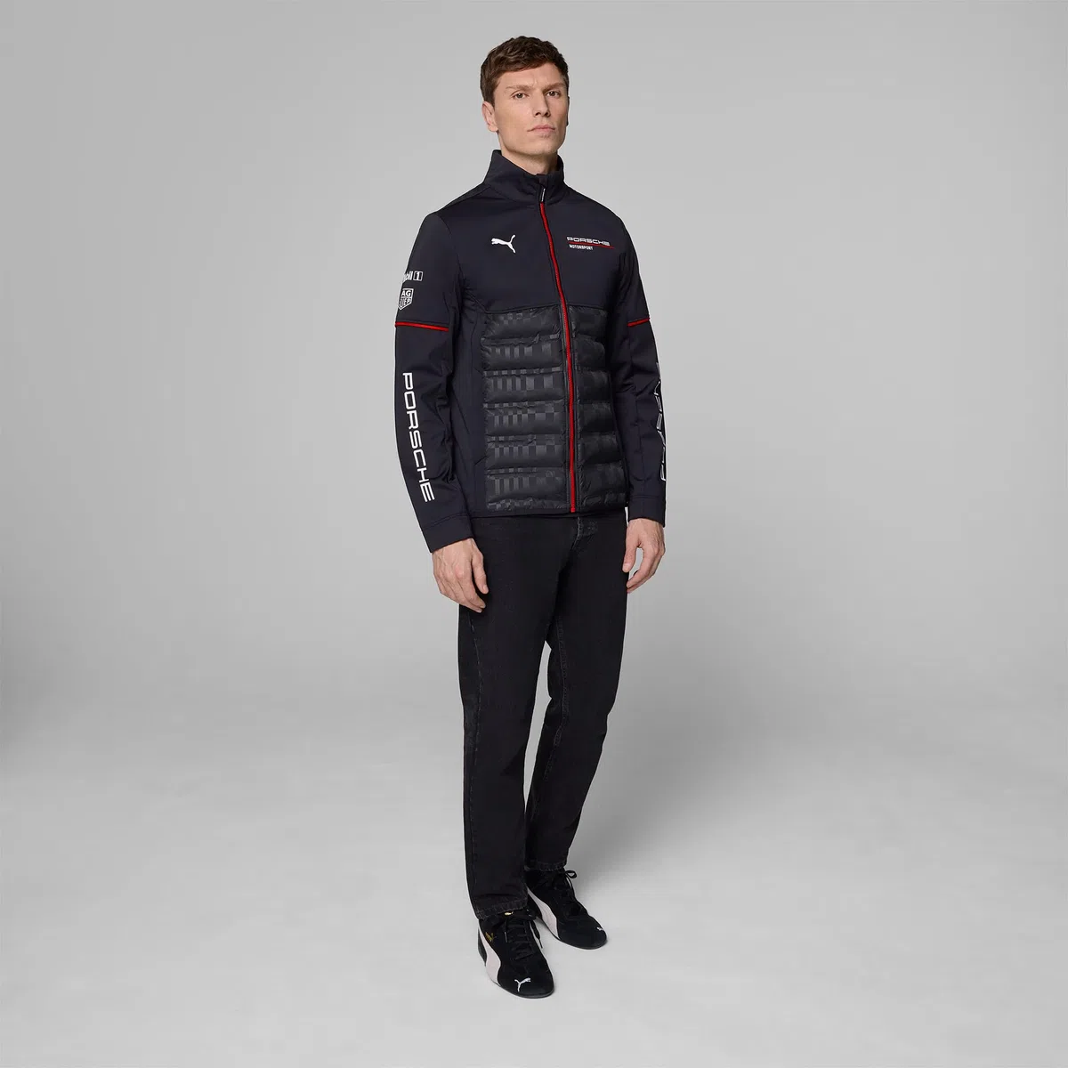 PUMA Porsche Motorsport Giacca ibrida del team per uomo con parte superiore tessuta e parte inferiore imbottita per massimo comfort - Nero