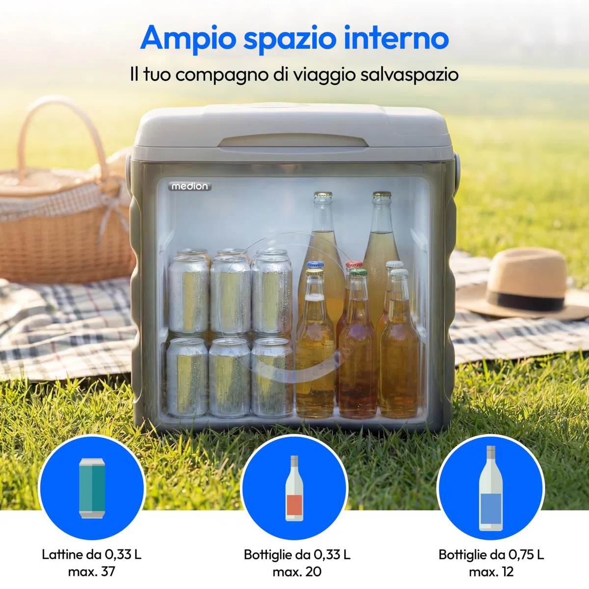 MEDION Borsa frigo termolettrica portatile 35 L, funzione raffreddamento e mantenimento caldo, 12 V accendisigari 230 V rete USB 5 V alimentazione, per auto barca campeggio, MD370030, grigio
