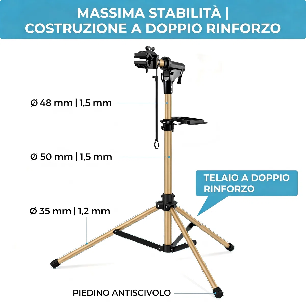 Cavalletto 3 Gambe Alluminio Riparazione e Montaggio Bici, Completamente Pieghevole, Doppio Blocco Sicurezza, Compatto, Ultraleggero, Ampio Vassoio Magnetico