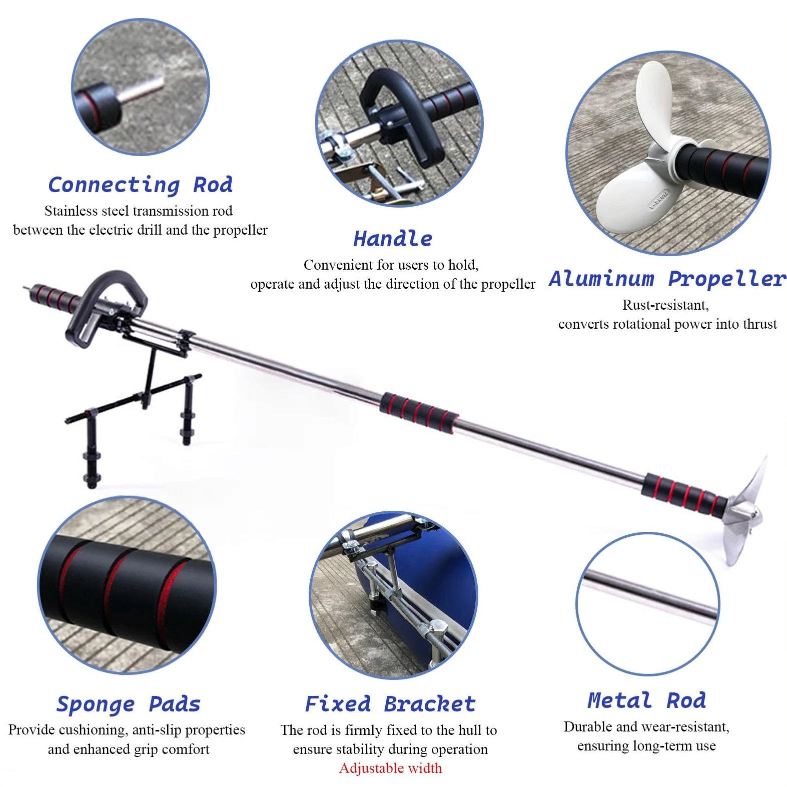 Motore Fuoribordo Motore Elettrico per Canoa/Kayak, Elica Subacquea Orientabile Alimentata da Trapano, Remo di Emergenza per Barca con Supporto, Motore di Bordo(Length 1m/3.3ft)