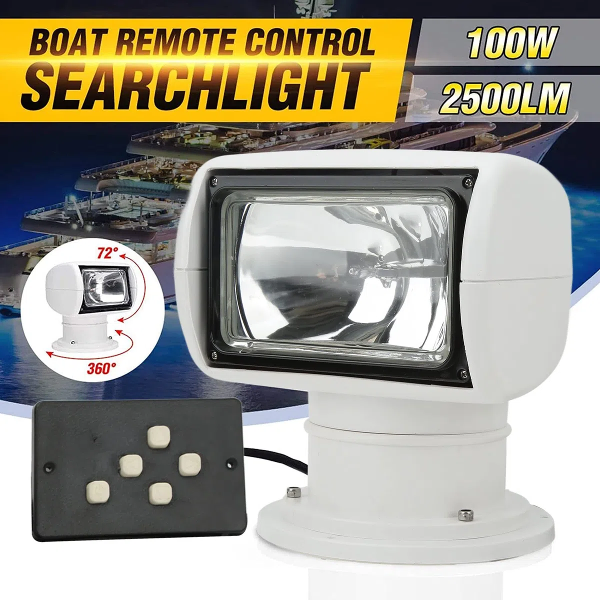 Faretto Telecomandato per Barca, Faro Telecomandato Girevole a 360 Gradi IP67 Impermeabile 100 W per Yacht Camion Auto Marine (DC12V)