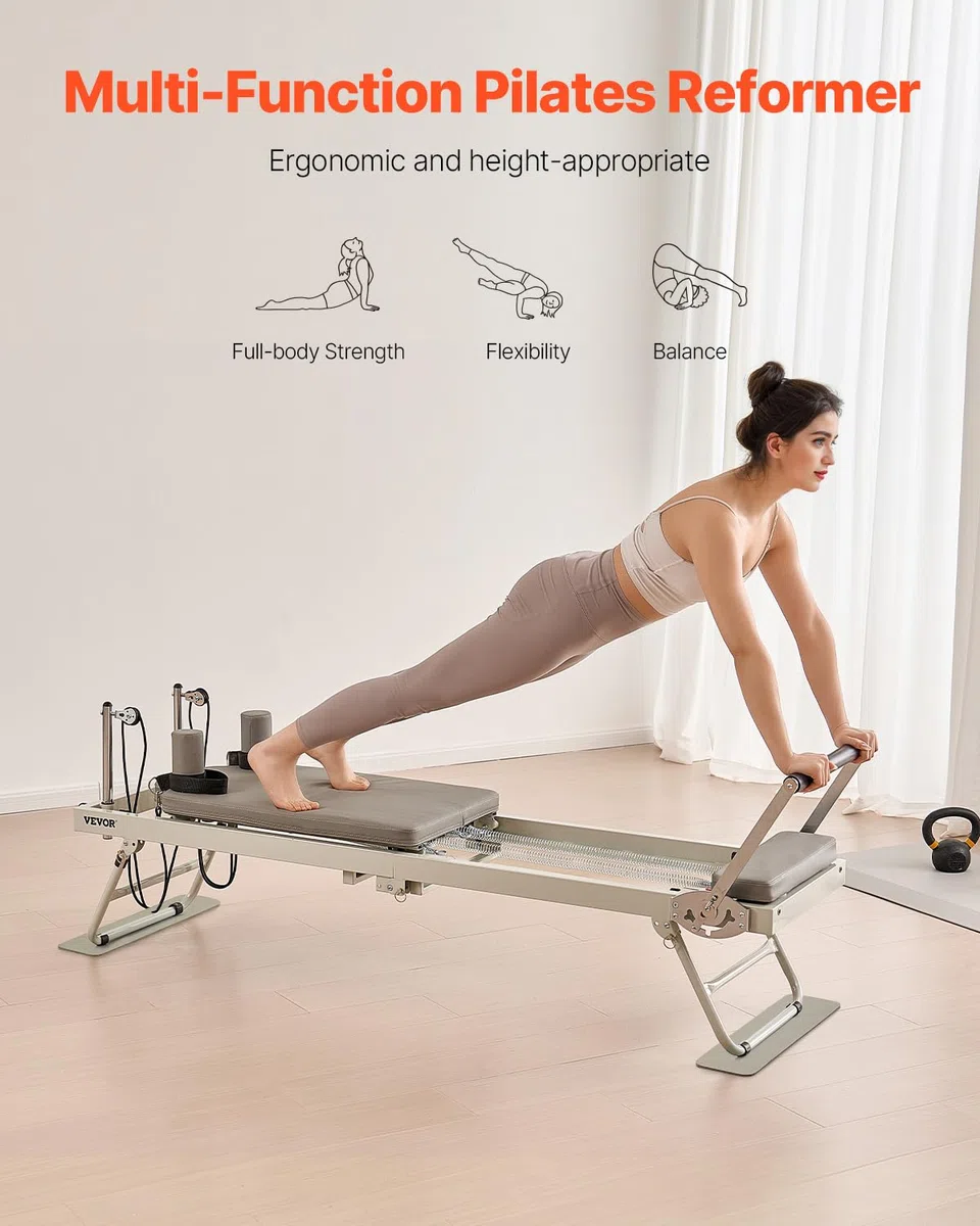 VEVOR Riformatore Pilates Pieghevole, Macchina per Allenamento Pilates per Palestra Casa, Letto Pilates con Doppia Resistenza Molla e Corda, per Utenti Avanzati Principianti, 2080x560x725 mm